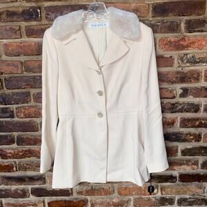 NWT Tahari Vintage Faux Fur Cream Button Down Blazer Jacket Women's Size 2